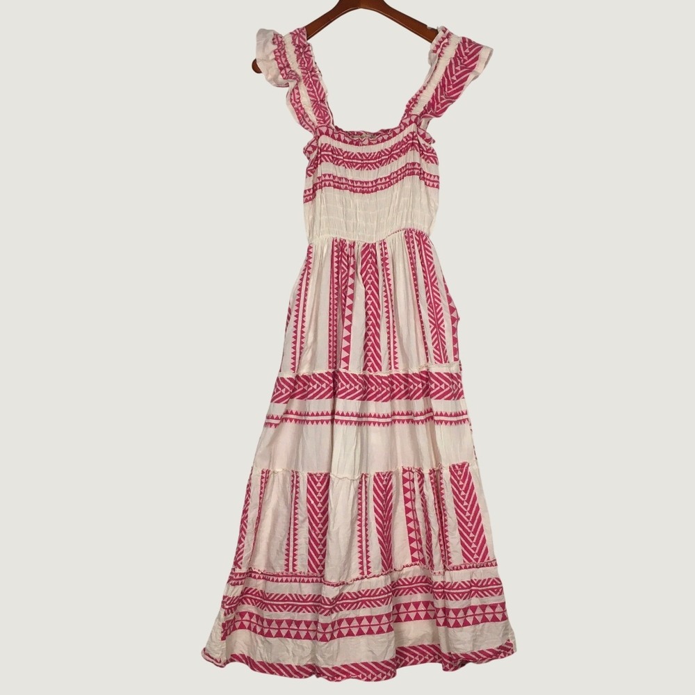 Sofia Italy Cotton Maxi Dress Size S Pink White Ruffle Sleeveless Summer Cute